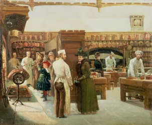Studie des Innenraums der Küche im Windsor Castle mit einem Besuch der königlichen Familie, 1886
